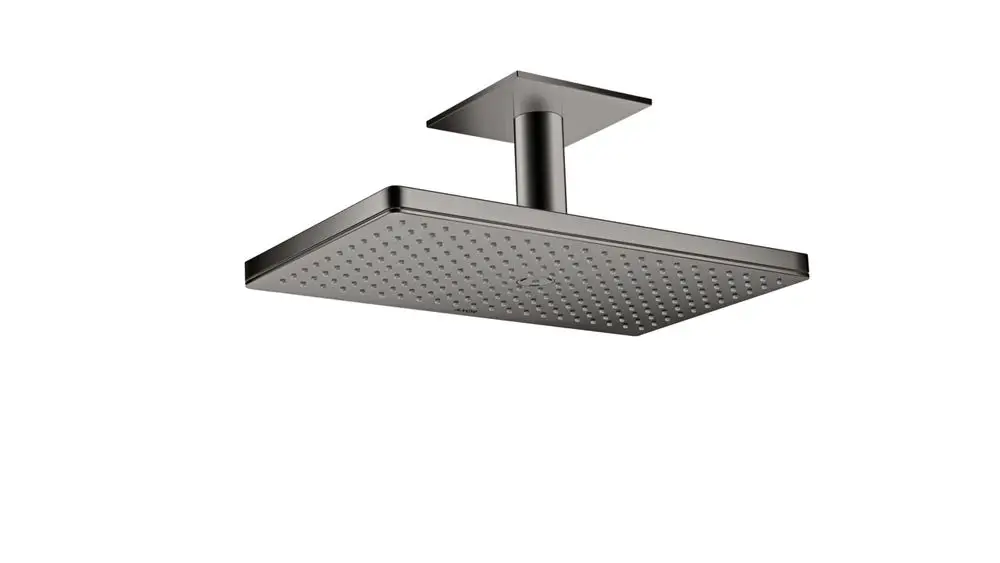 Schwarze Kopfbrause mit Deckenanschluss, rechteckiger Form und gleichmäßiger Düsenanordnung. Entwurf von AXOR für eine moderne Badezimmerarmatur.